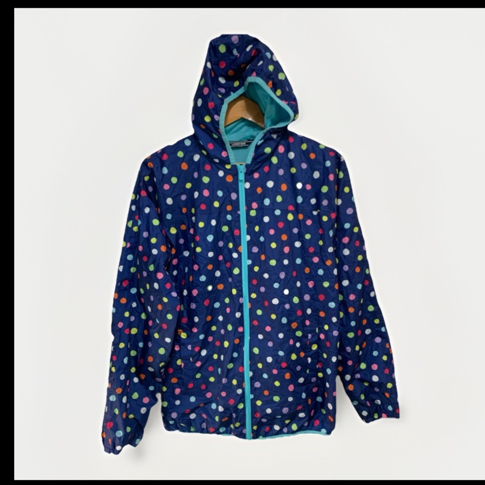 Lands' End Kids Windbreaker Rain Jacket XL 18-20 Multi-Color Polka Dot Hooded